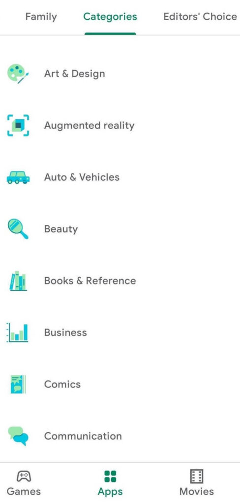 App kategorier i Google Play Store