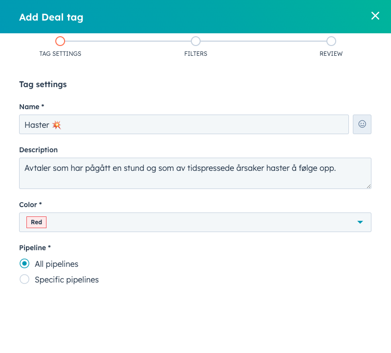 Opprett ny deal tag i HubSpot