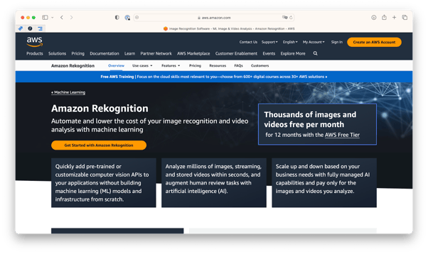 Screenshot of the Amazon Rekognition website