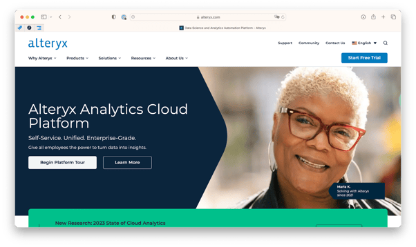 Screenshot of the Alteryx website