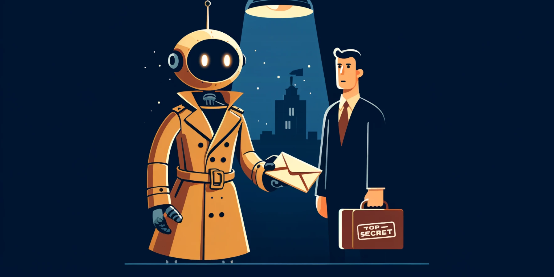 A trenchcoat-wearing robot handing an envelope to a business man.