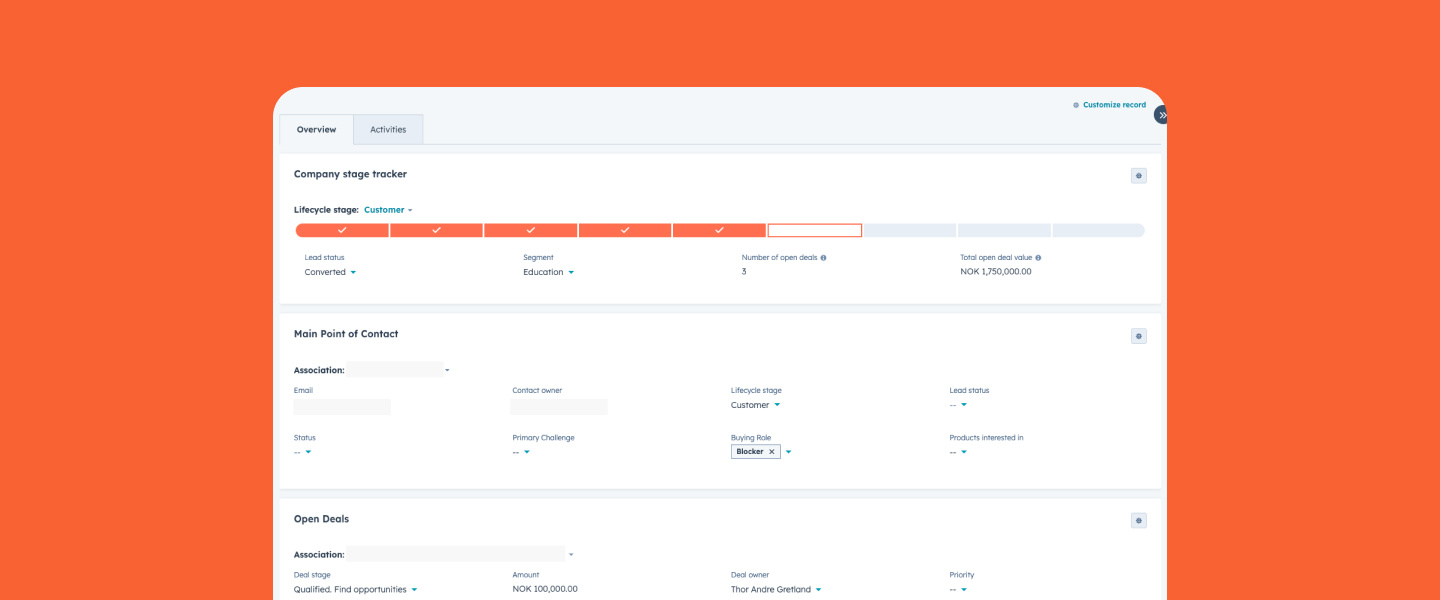 HubSpot Overview tab with card customization